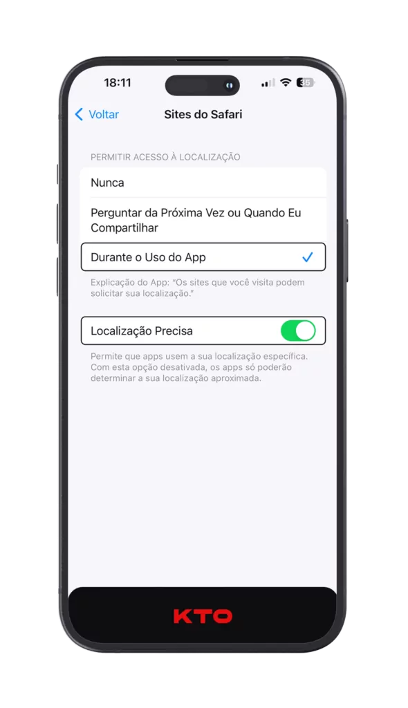 Selecione a opção “Durante o Uso do App” e ative a “Localização Precisa”