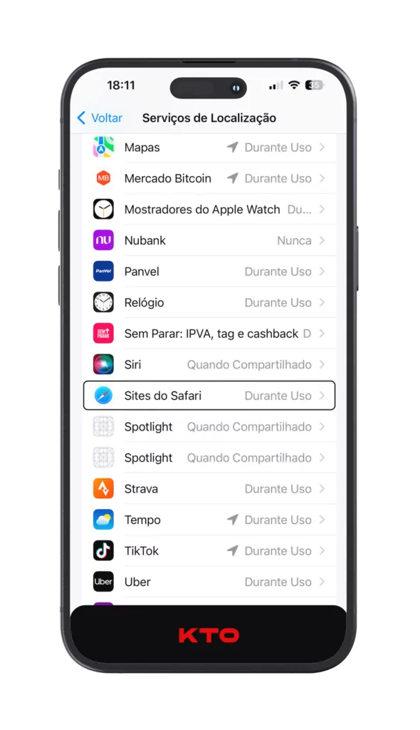 Role até encontrar “Sites do Safari” e toque nele